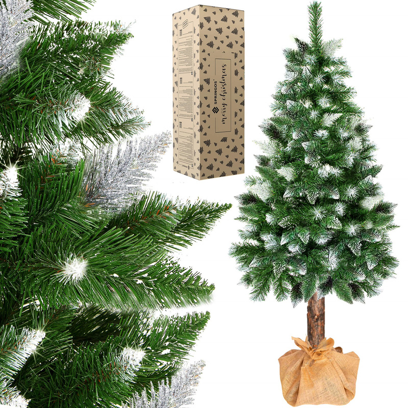 Sztuczna choinka na pniu 180 cm sosna diamentowa ośnieżona drzewko świąteczne