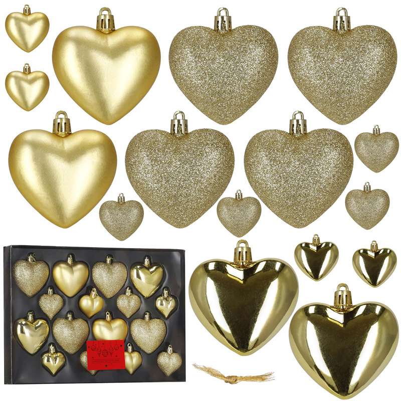 Bombki choinkowe 16 szt. komplet ozdób świątecznych, nietłukące, serca, złote