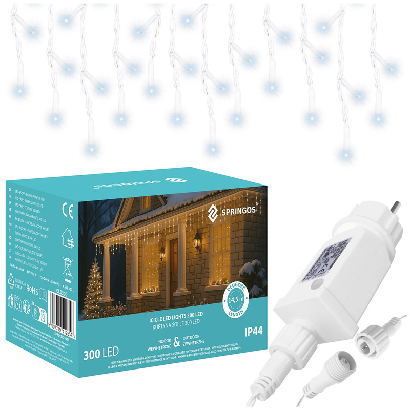 Kurtyna świetlna 300 led girlanda, lampki wewnętrzno-zewnętrzne sople zimny biały