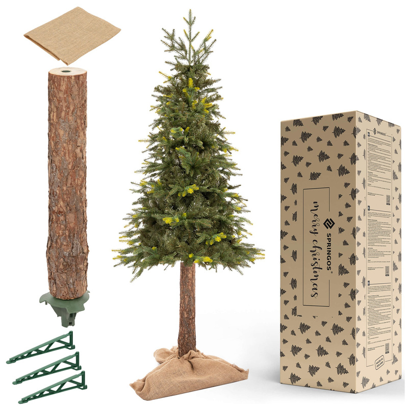 Sztuczna choinka na pniu jak żywa 220 cm świerk naturalny ze stojakiem nowoczesny