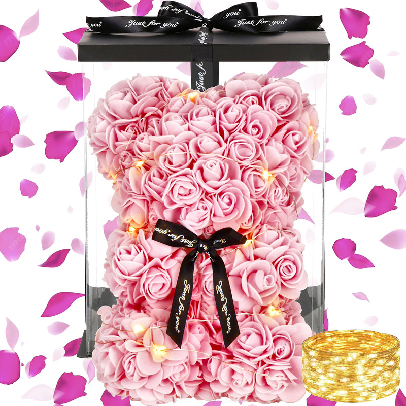 Miś z róż 22 cm różowy w pudełku miś różany LED ciepły biały