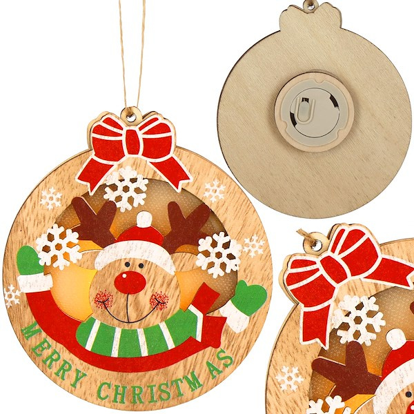 Zawieszka świąteczna renifer świecąca ozdoba choinkowa drewniana na baterię