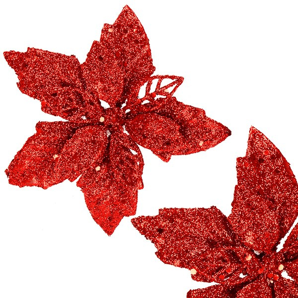 Poinsecja, sztuczny kwiat 13 cm gwiazda betlejemska czerwona z brokatem