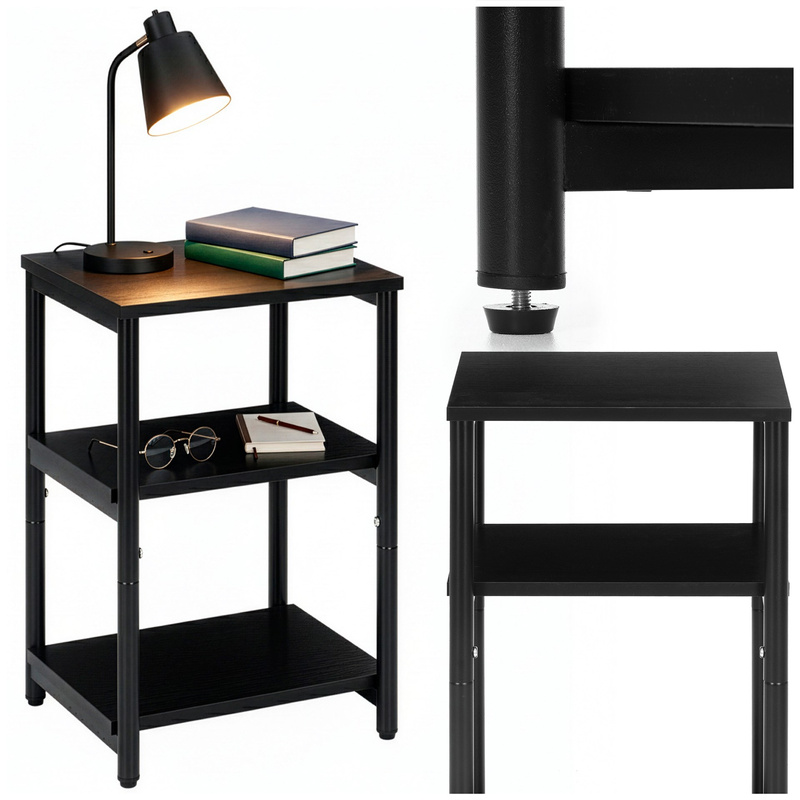 Szafka nocna, regał z trzema półkami, mebel do sypialni 59 cm czarny