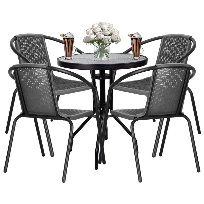 Zestaw mebli ogrodowych stół okrągły i 4 krzesła metalowe komplet na balkon czarno-szary