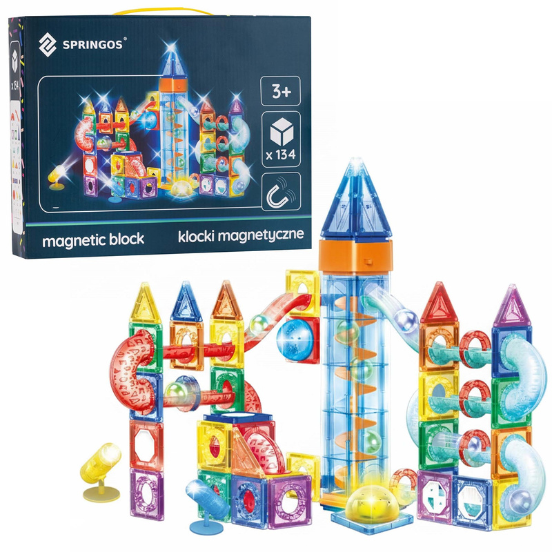 Klocki konstrukcyjne, kulki LED wieża z spiralną windą zestaw klocków magnetycznych 134 szt. kolorowe