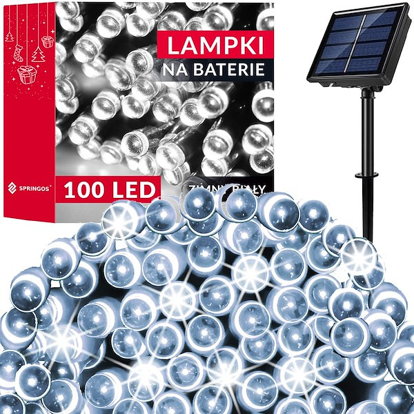 Lampki świąteczne 100 Led 12 m zimny biały oświetlenie choinkowe solarne