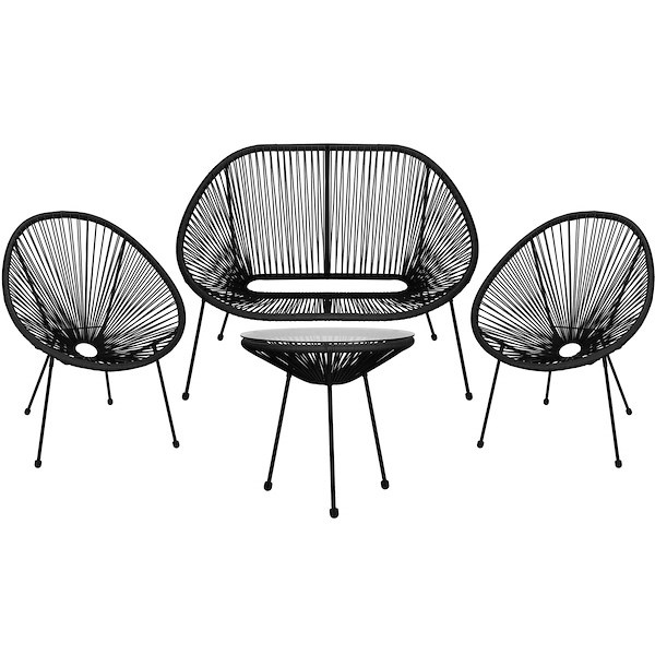 Meble ogrodowe rattanowe stół ze szkłem hartowanym 2 fotele ażurowe, sofa czarne