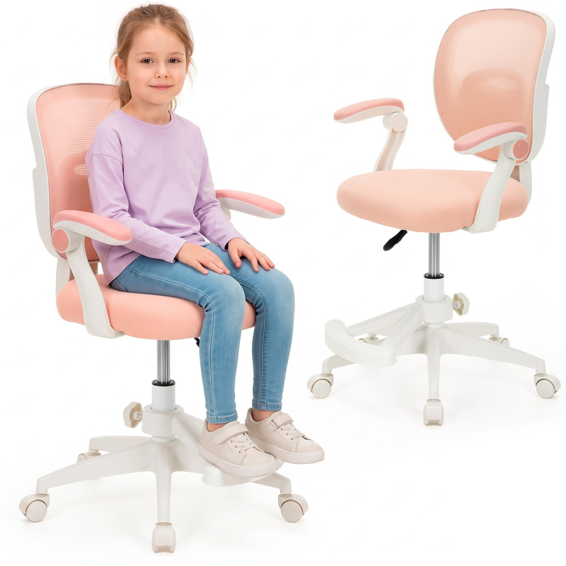 Krzesło obrotowe biurowe dla dzieci ergonomiczny fotel na kółkach, z regulacją różowy
