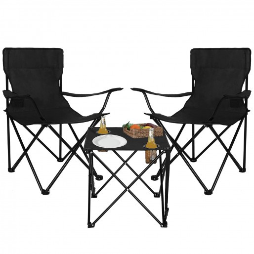 Zestaw turystyczny stolik i 2 krzesła z oparciem, składane meble kempingowe czarny