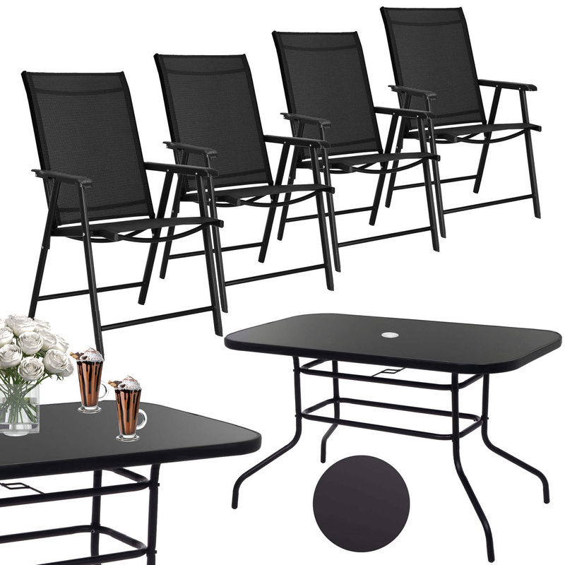 Meble ogrodowe, komplet na balkon dla 4 osób: metalowe 4 krzesła i stół z szkła hartowanego, czarny