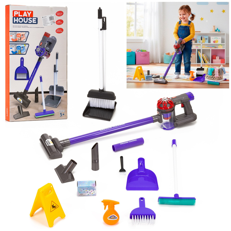 Zestaw sprzątajacy dla dzieci, zabawka, akcesoria do sprzątania: odkurzacz na baterie, mini miotła