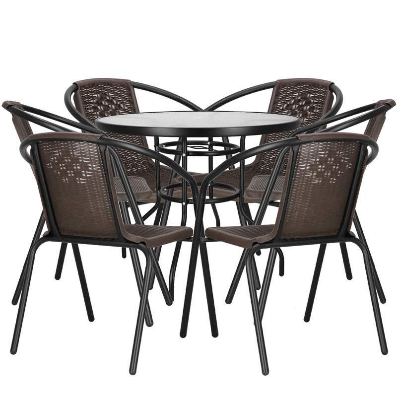 Meble na balkon: stolik kawowy, 6 krzeseł metalowych do ogrodu czarno-brązowe