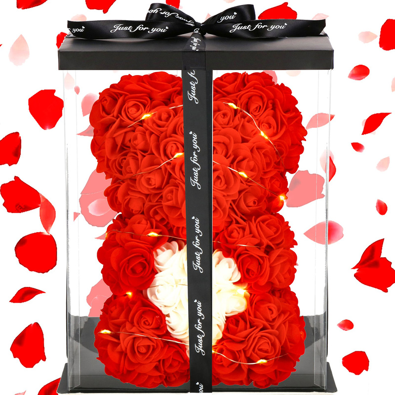 Miś z róż 22 cm czerwony z białym sercem i pudełkiem miś różany LED ciepły biały