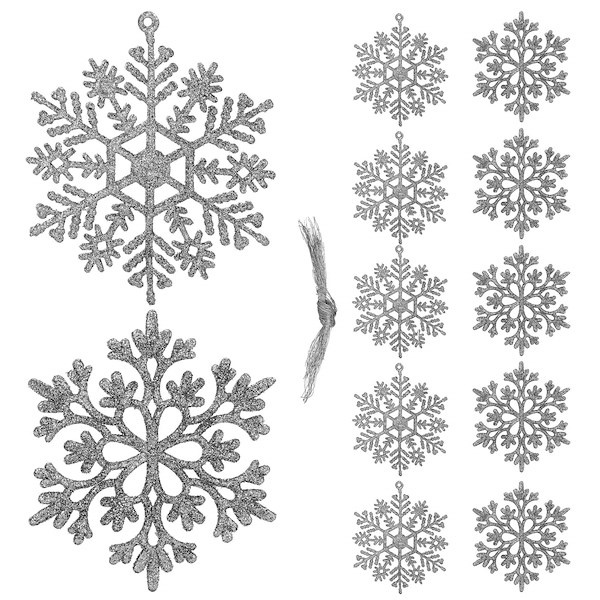 Zawieszki choinkowe 10 cm, brokatowe śnieżynki, 12 sztuk