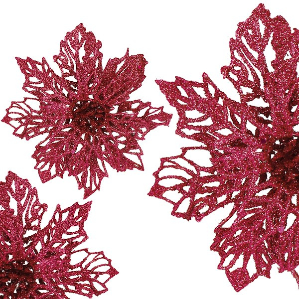 Poinsecja sztuczny kwiat gwiazda betlejemska 13 cm różowa z brokatem