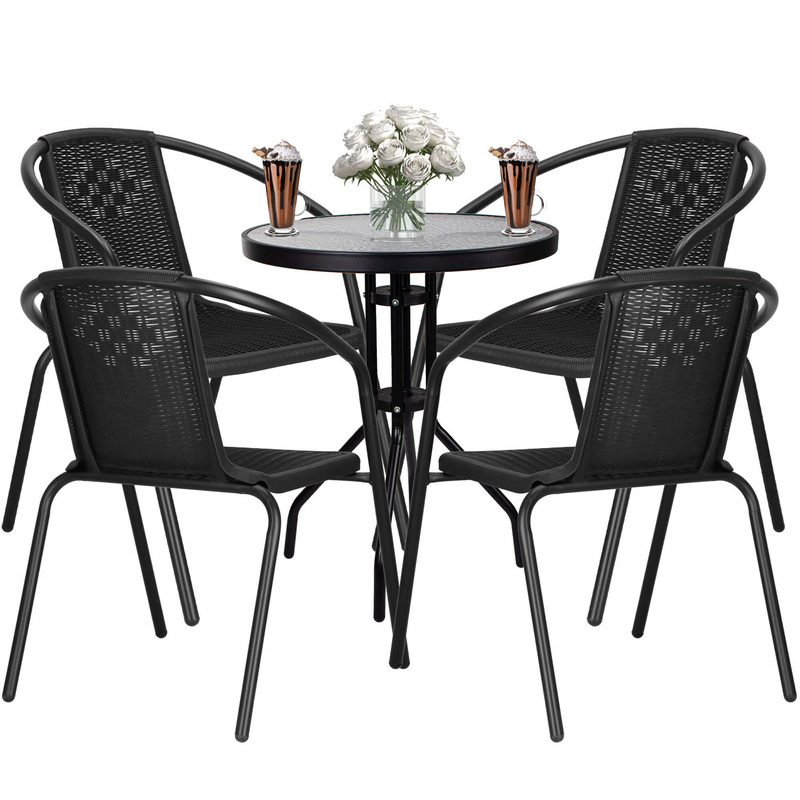 Zestaw mebli ogrodowych stół okrągły i 4 fotele metalowe czarne komplet ogrodowy dla 4 osób