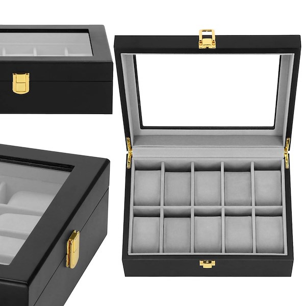 Szkatułka na zegarki 26,5x20x8 cm czarno-szary kuferek z 10 przegródkami welurowy