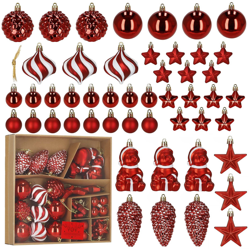 Bombki choinkowe 47 szt. komplet ozdób świątecznych zawieszki nietłukące, czerwony, złoty, biały