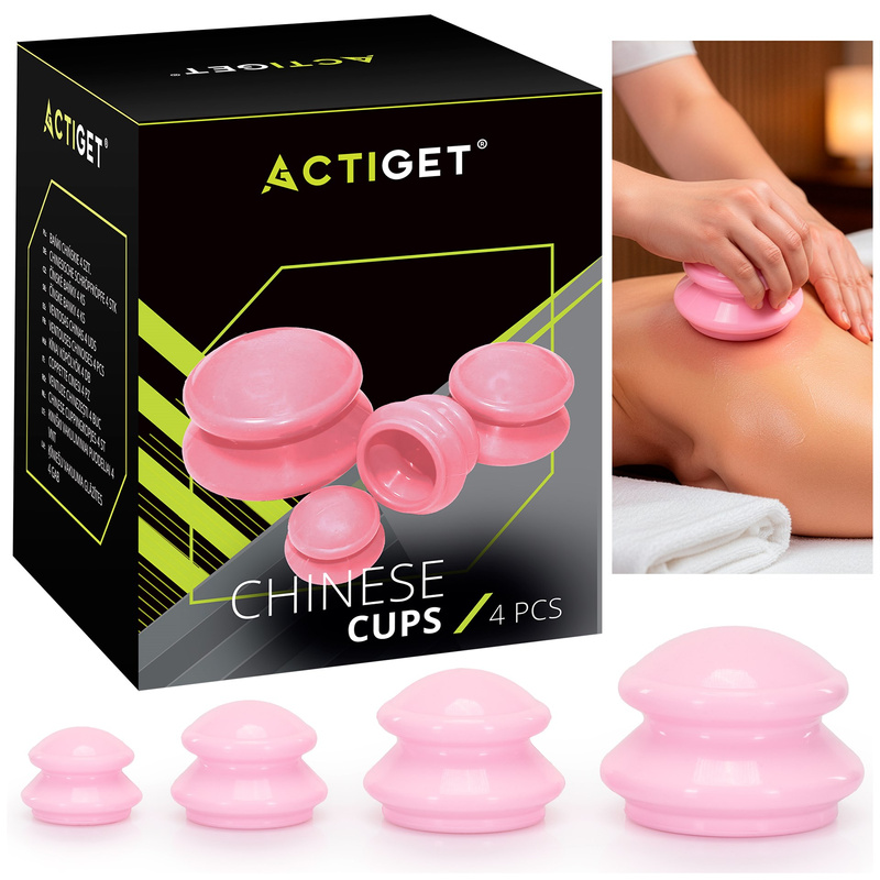 Bańki chińskie do masażu i pielęgnacji ciała, zestaw 4 rozmiarów, gumowe, różowe
