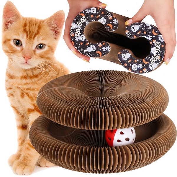 Drapak dla kota z dzwoniącą piłeczką, okrągły, zabawka do drapania z tektury falistej, brązowa