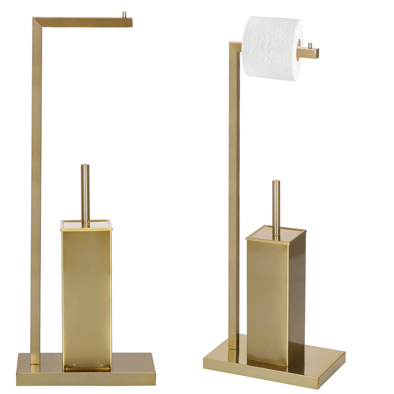 Zestaw łazienkowy: Stojak na papier toaletowy z szczotką i pojemnikiem 67 cm złoty