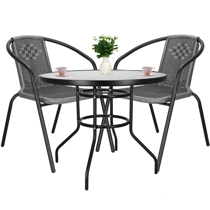 Meble balkonowe stolik kawowy ze szklanym blatem 2 krzesła metalowe ogrodowe czarno-szare