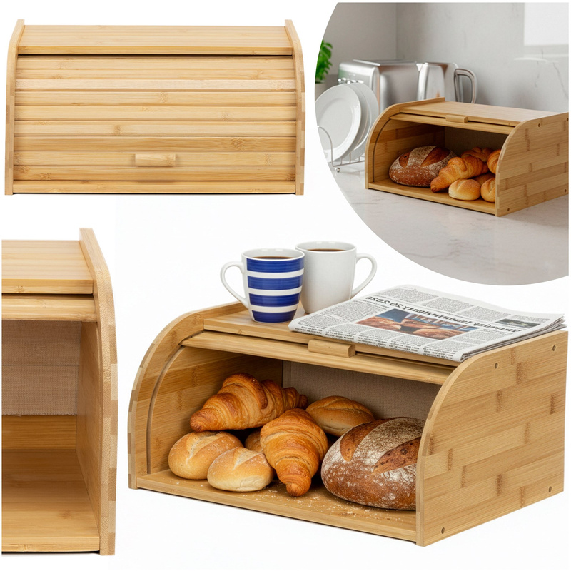 Chlebak bambusowy 38x28x18 cm z roletą duży zamykany pojemnik na pieczywo