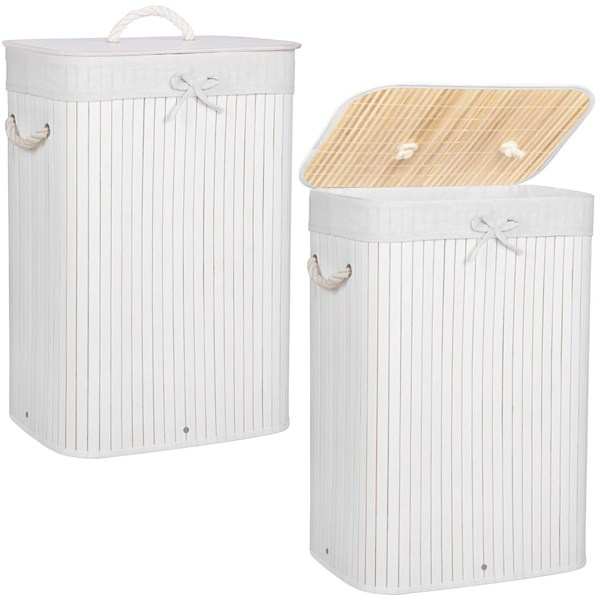 Bambusowy kosz na pranie 72 L z pokrywą biały organizer