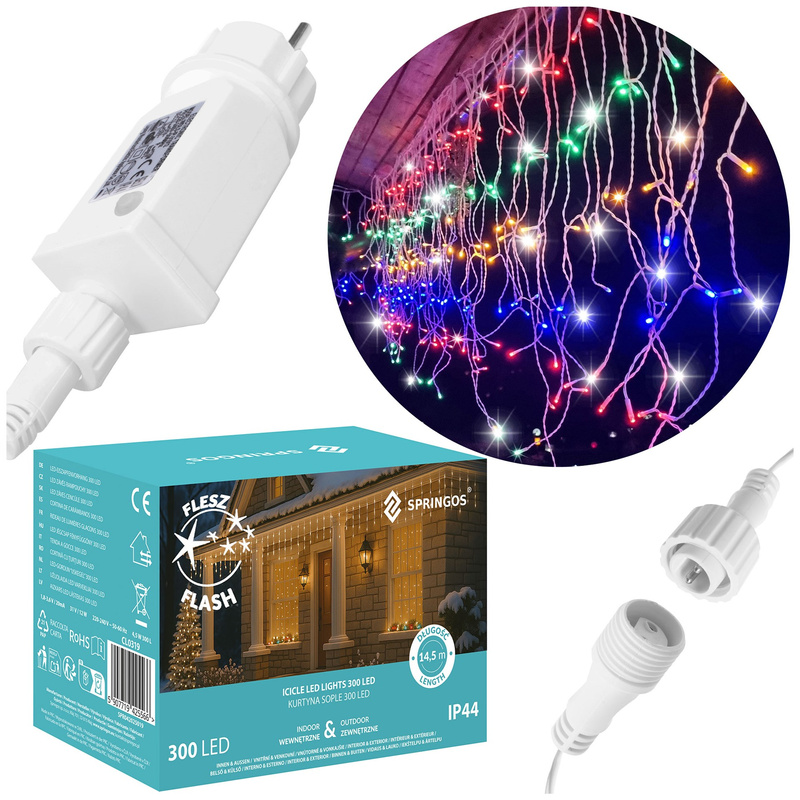 Kurtyna świetlna 300 led multikolor, flash biały zimny girlanda, lampki wewnętrzno-zewnętrzne sople