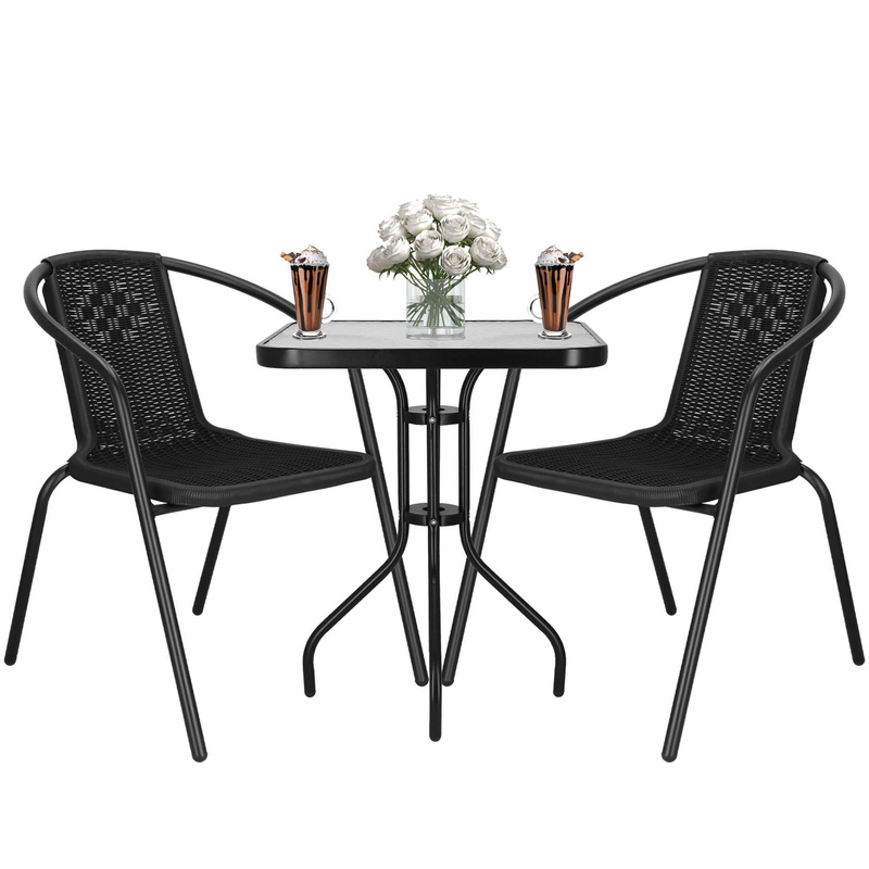 Meble na balkon: stolik kawowy z kwadratowym blatem szkło hartowane, 2 krzesła metalowe czarne