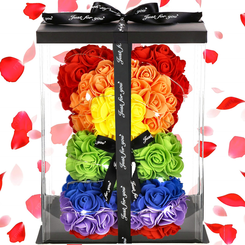 Miś z róż 25 cm kolorowy, podświetlany LED zimny biały