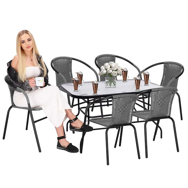 Zestaw mebli ogrodowych stół prostokątny i 6 krzeseł metalowych komplet czarno-szary