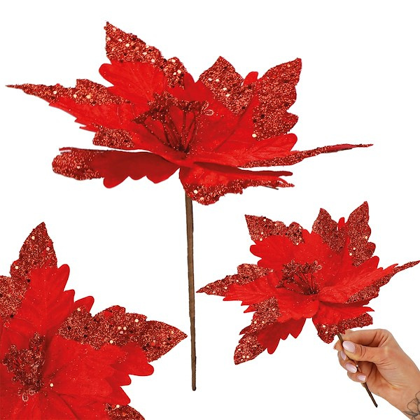 Poinsecja sztuczny kwiat gwiazda betlejemska 28 cm czerwona z brokatem