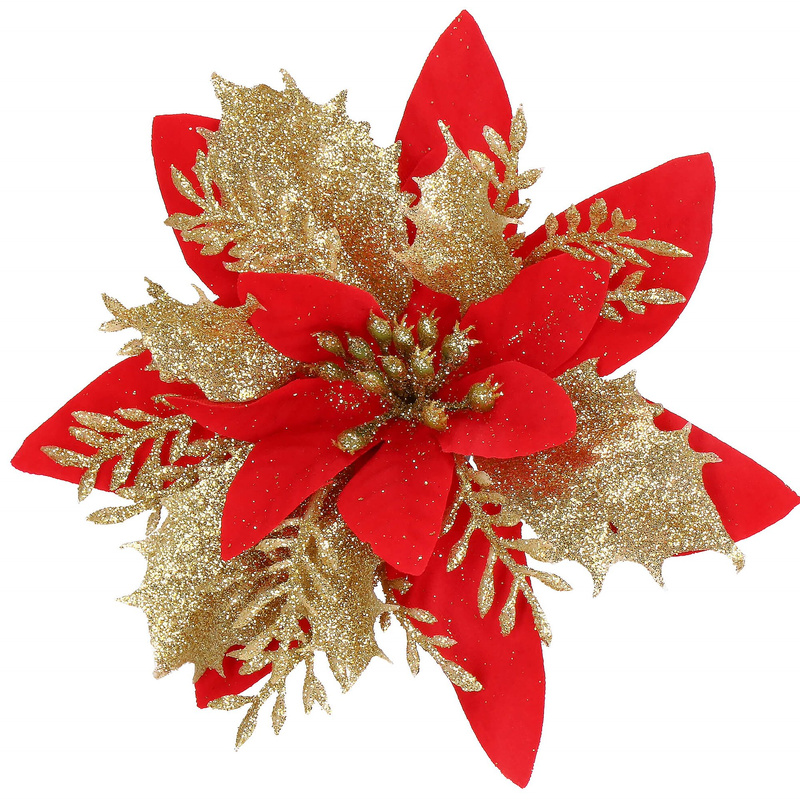 Poinsecja sztuczny kwiat, gwiazda betlejemska czerwono-złota z brokatem
