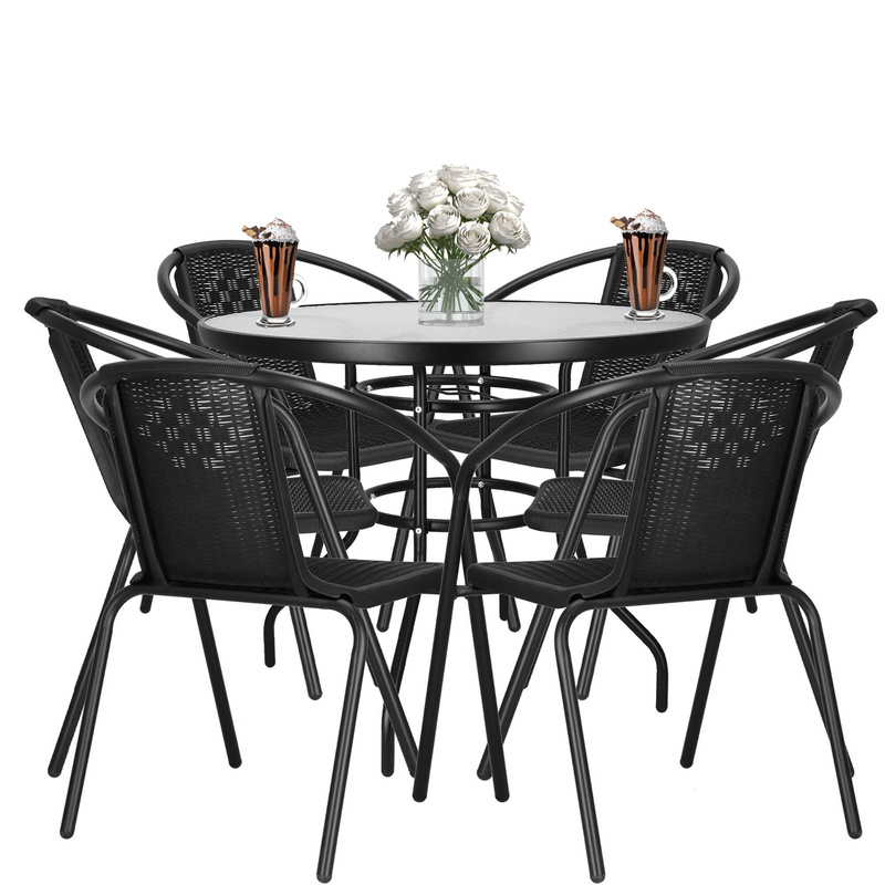 Meble na balkon: stolik kawowy, 6 krzeseł metalowych do ogrodu czarne