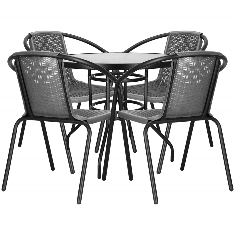 Komplet mebli tarasowych, ogrodowych 4 krzesła i okrągły stół z szkła hartowanego czarno-szary