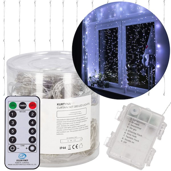 Kurtyna świetlna 300 Led biały zimny lampki wewnętrzno-zewnętrzne