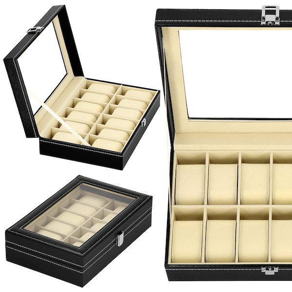 Szkatułka na zegarki 30x20x8 cm czarno-kremowy kuferek z 12 przegródkami ekoskóra