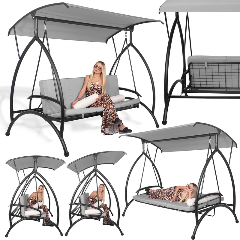 Huśtawka tarasowa z daszkiem i poduszkami, z funkcją spania wys. 190 cm szara
