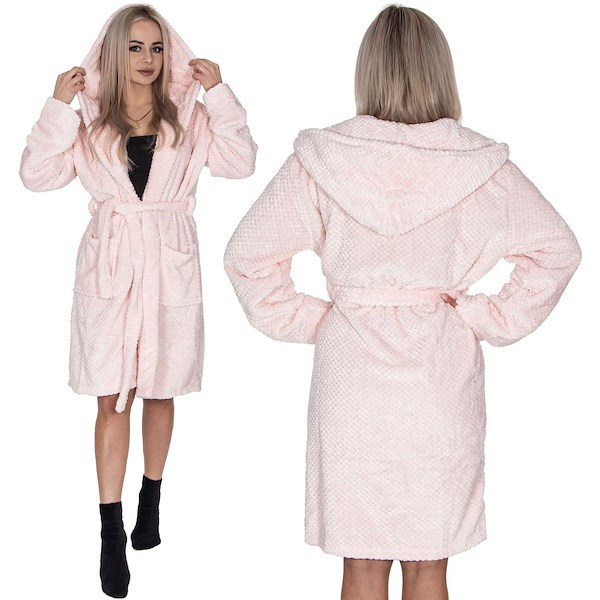 Szlafrok damski z kapturem i paskiem rozm. L/XL polarowy różowy