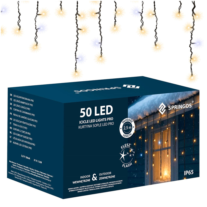 Kurtyna świetlna, sople 50 Led lampki zewnętrzne 2,5 m ciepły biały + zimny biały flash