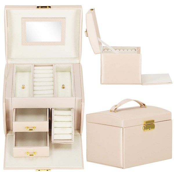 Szkatułka na biżuterię ekoskóra 17,5x12x13,5 cm jasny różowy kuferek z przegródkami