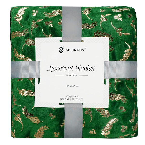 Narzuta na łóżko koc 150x200 cm pled zielony, złoty na kanapę