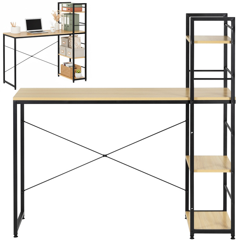 Biurko metalowe z półkami, industrialne, stolik komputerowy 120x48x122 cm jasny brąz