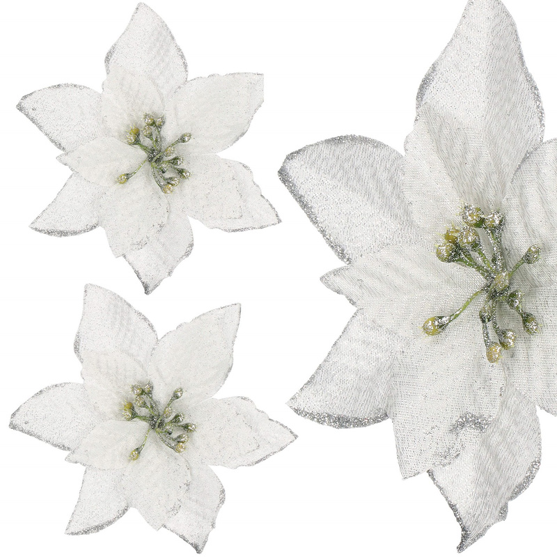 Gwiazda betlejemska 2 szt. srebrna z brokatem na klipsie poinsecja sztuczny kwiat