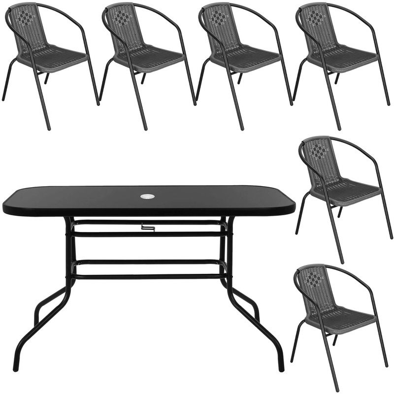 Zestaw mebli ogrodowych stół prostokątny i 6 krzeseł metalowych komplet czarno-szary