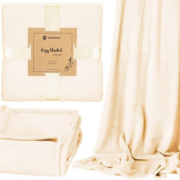 Koc narzuta na łóżko 150x200 cm gładki pled kremowy