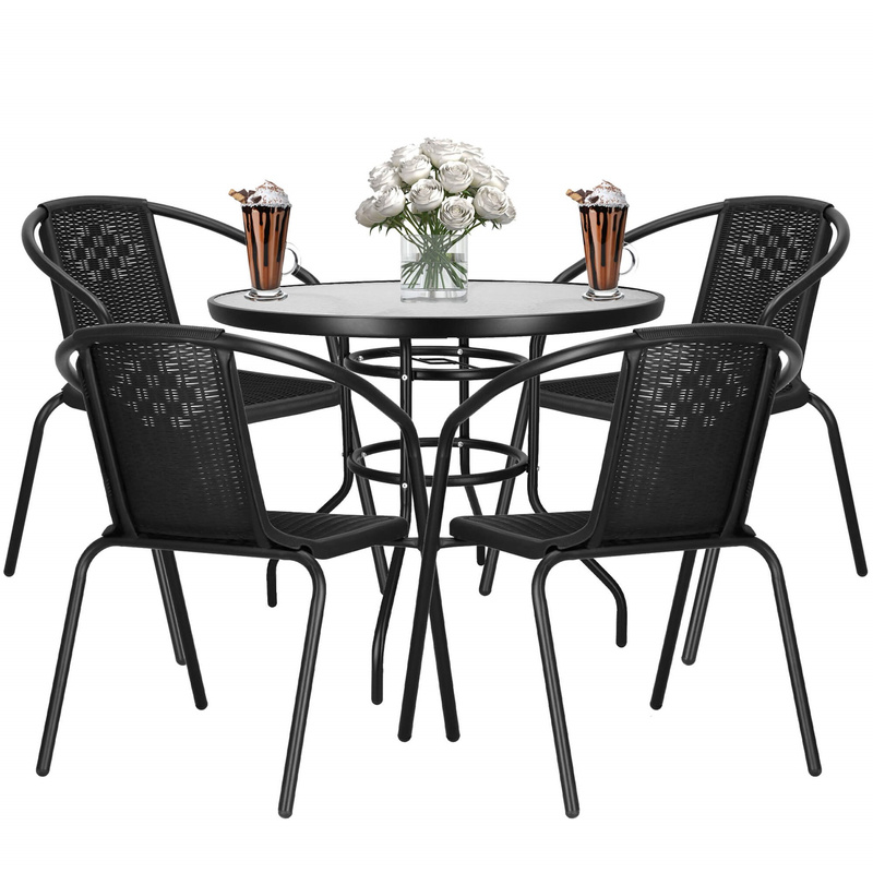 Meble na balkon: stolik kawowy, 4 krzesła metalowe do ogrodu czarne