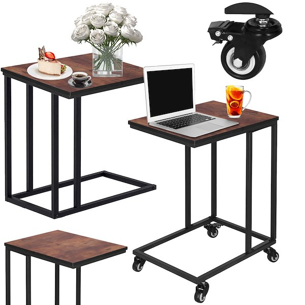Stoliki kawowe, industrialne zestaw 2 szt. mobilny stolik z kółkami, stolik pomocniczny, boczny czarno-brązowe